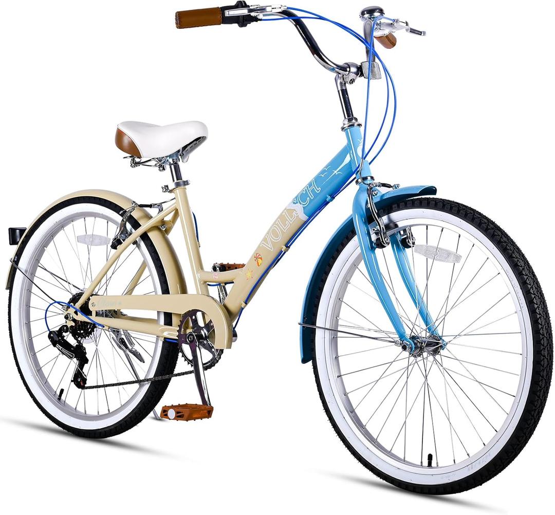 vollsch 24 Inch 6-Speed Girls Hybrid Beach Cruiser Bike for Youth Ages 6+ Years Old, City Bicycle with Shimano Gears, Dual V-Brakes Adjustable Seat, Multiple Colors, Beach & Waves