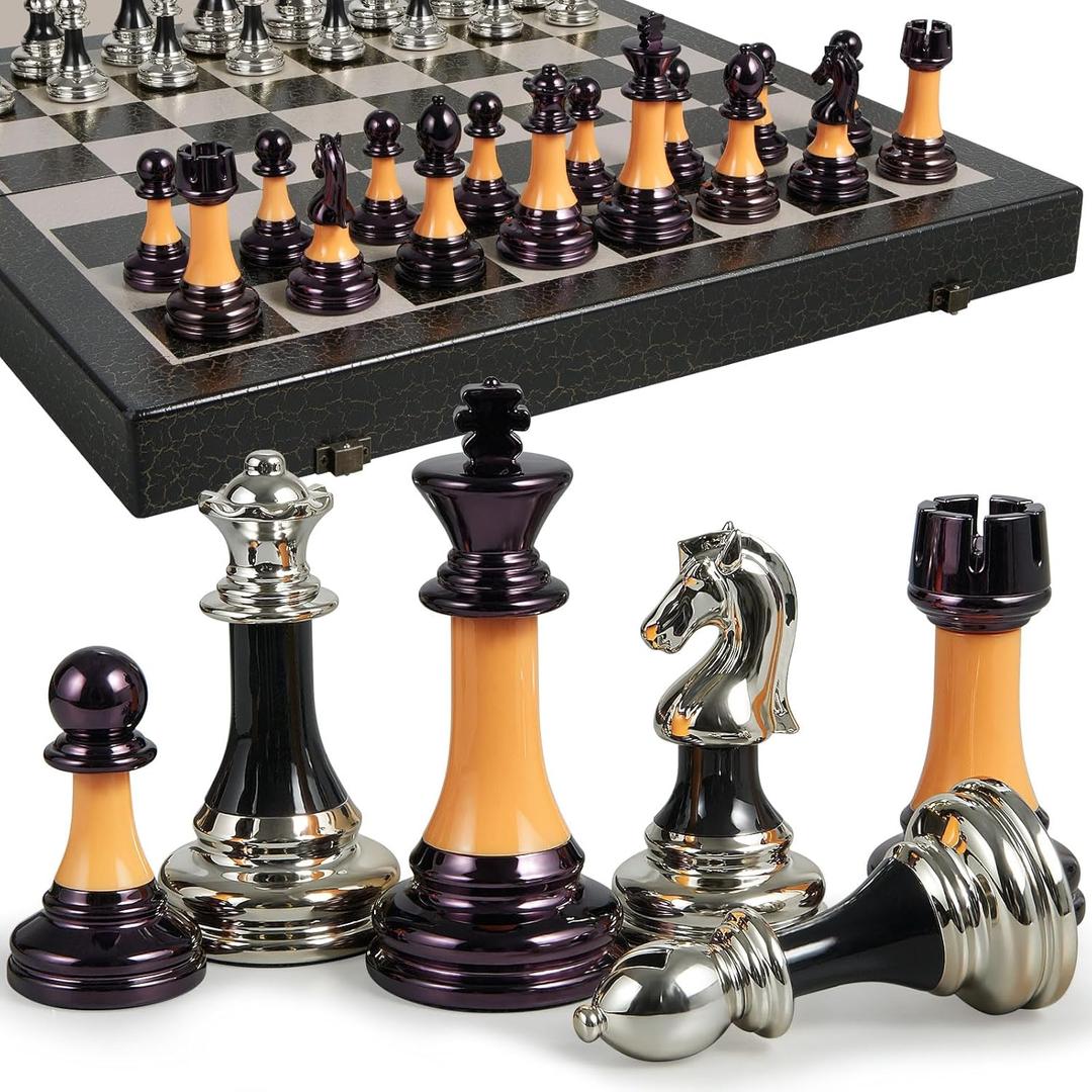 Chess Set 16" Wooden Foldable Black White Chess Board 3.5" Luxury Weighted Acrylic Chess Pieces with Storage Slots for Adults Children Gift Large