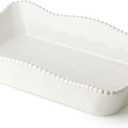 Perlette Cream Large Rectangular Ceramic Baker – 19 x 10 Inch Scalloped Oven-to-Table Stoneware Bakeware with Beaded Rim – Elegant Farmhouse Bake Dish for Lasagna, Casseroles, and Hosting