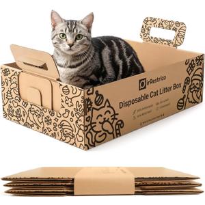 3-Pack Disposable Cat Litter Box, Waterproof & Leak-Resistant Cardboard, Foldable for Travel and Temporary Use, Eco-Friendly with Cute Cartoon Design, Gift for Cat Lovers (Large)