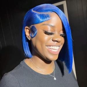 13x6 Blue Bob Wig Human Hair Short Straight Lace Front Wig Pre Plucked 180 Density Transparent Lace Frontal Colored Wigs for Women 10 Inch
