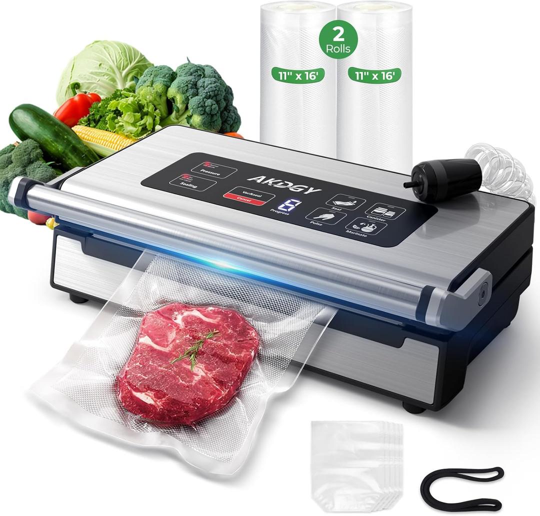 95Kpa Vacuum Sealer Machine Upgraded Commercial Food Vacuum Sealer, 14-in-1 Functions & Double Heat Seal, Stainless Steel, Large Icons,130W Dual Pumps(25L/Min Suction), Widened Easy-Lock Handle