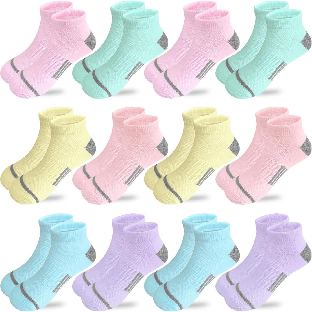 Bemeol 12 Pairs Girls Socks Ankle Athletic Running Socks Low Cut Sports Short Sock, Size: 7-10 Years