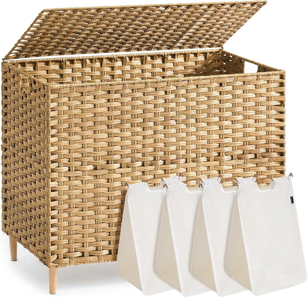 SONGMICS 4-Section Laundry Hamper with Lid, 55.4 Gal (210L) PE Rattan Laundry Basket with Removable Washable Liners, for Bedroom & Living Room, Goose Yellow ULCB224YE01