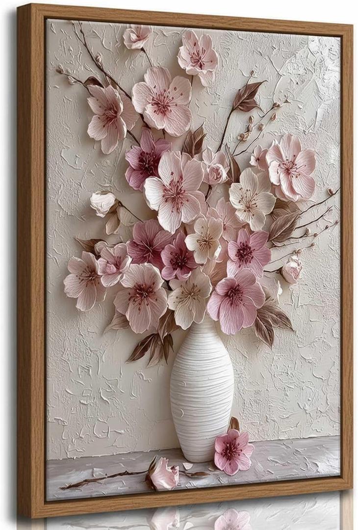 Framed Pink Floral Canvas Wall Art Abstract Flowers Plant Bouquet in Vase Painting Picture Wall Decor Poster Print Artwork for Living Room Bedroom Woman Room Home Decoration (16"L x 12"W)