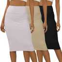 Real Essentials 3 Pack: Womens Soft Midi Skirt – High Waisted Pencil Work Office Business Casual Skirts with Back Slit Plus (M)