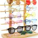 Bamboo Glasses Display Holder, 10-Pair Tabletop Sunglasses Rack Stand, Eyewear Riser Organizer with Storage Base, Countertop Eyeglasses Collection Showcase for Home, Glasses Shop Display