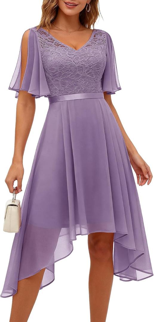 BeryLove Cocktail Formal Party Dress Bridesmaid Wedding Guest A Line Lace Elegant Flowy Prom Dresses (Purple, XL)