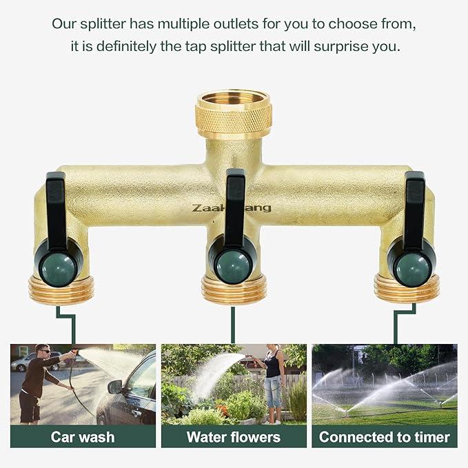 3 Way Hose Splitter, Heavy Duty Brass Nickel Plated Rust Resistant Faucet Manifold, Outdoor Hose Adapter Connector, 3/4-inch GHT Threads