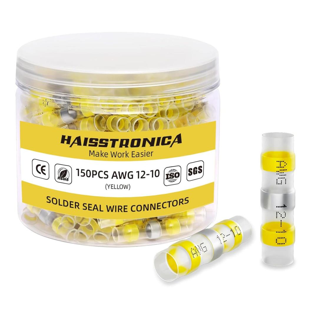 Haisstronica 150PCS Solder Seal Wire Connectors, Waterproof Heat Shrink Butt Connectors Terminals for Watercraft, Electrical, Electronics AWG 12-10 Yellow