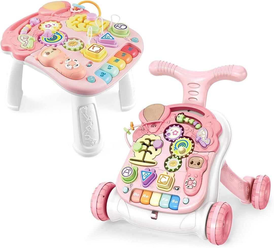 Baby Sit-to-Stand Learning Walker, 2 in 1 Baby Walker for Girls Boys, Educational Baby Push Walkers with Entertainment Activity Table, Baby Music Learning Toy Gift for Infant Boys Girls (Pink)