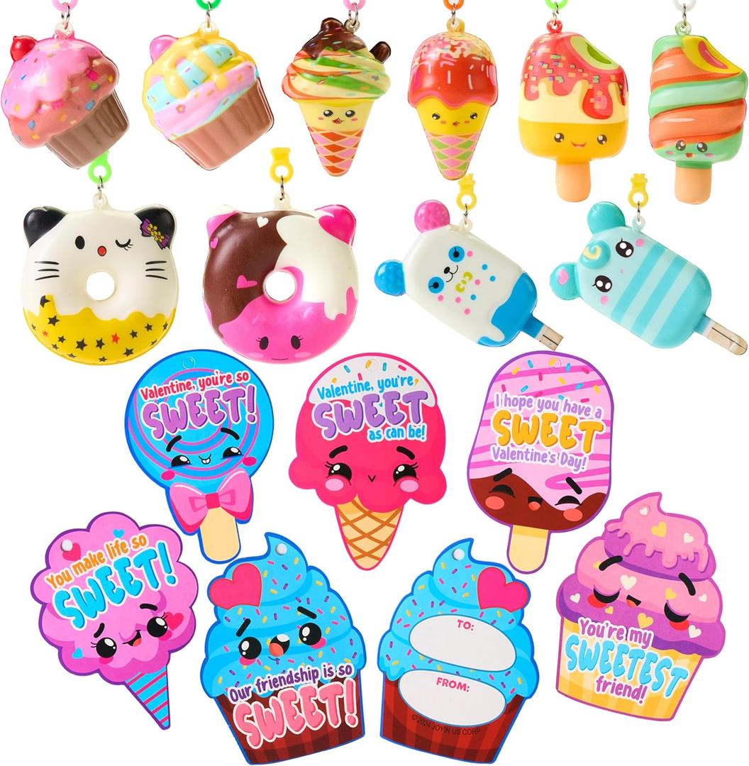JOYIN 30 Packs Dessert Squishy Toys Stress Relief Keychains with Valentines Greeting Cards for Classroom Exchange Prizes, Valentines Party Favors and Gifts for Boys Girls