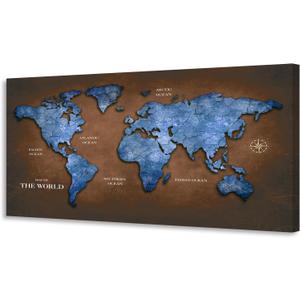KUNHAAH Vintage World Map Canvas Wall Art - Rustic Blue & Brown Map of the World Poster, Grungy Textured Global Map for Living Room, Office, Classroom Decor, Ready to Hang 20"x40"