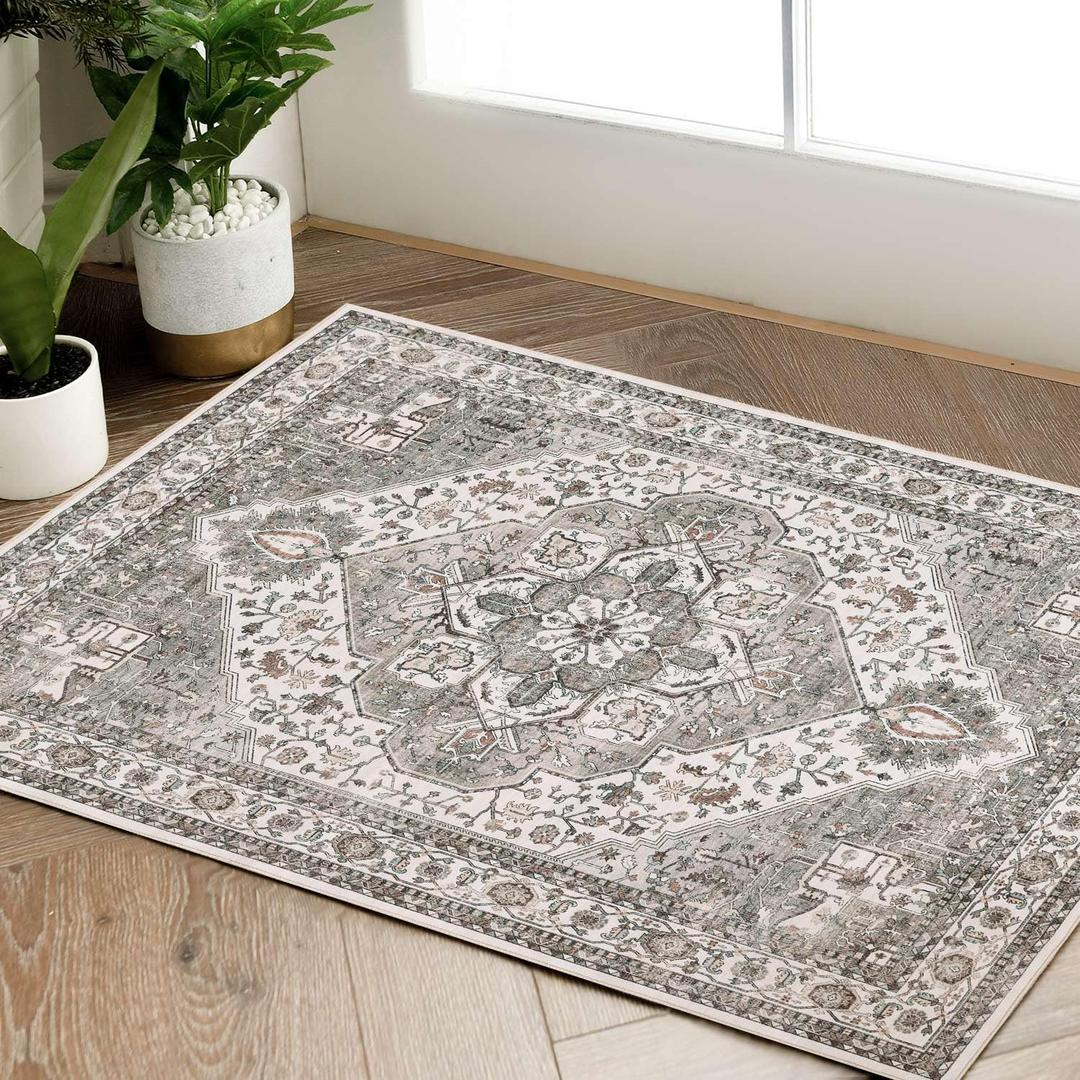 jinchan Area Rug 2x3 Entryway Rug Accent Indoor Vintage Floor Mat Grey Taupe Print Distressed Retro Carpet Soft Non Slip Washable Mat for Bathroom Kitchen Living Room Bedroom