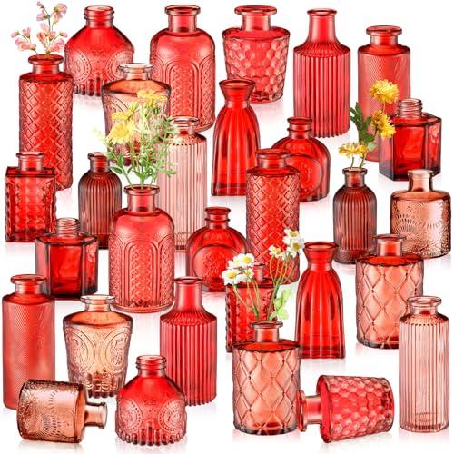 Yaomiao 29 Pcs Vases Bulk Colored Flower Glass Bud Vases Valentine Vintage Colored Glass Bottles Colorful Rustic Embossed for Home Wedding Table Decorations Gifts (Red Series)