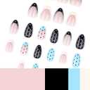 Polka Dot Press on Nails Short Almond Fake Nails Summer Blue Nails Press ons with Design,Reusable Artificial Nail Full Cover Stick on Nails for Women Beach Manicure 24Pcs