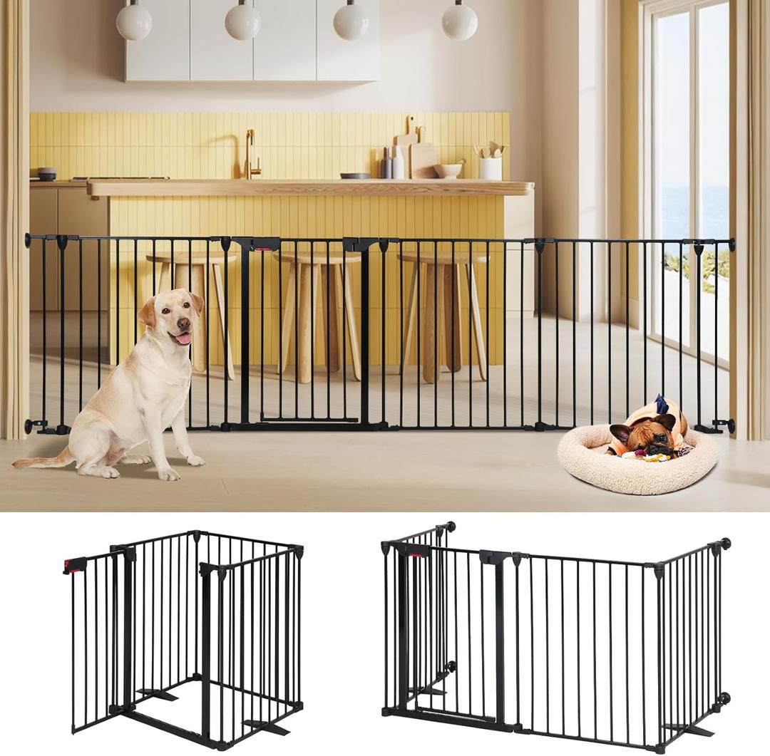Freestanding Dog Gates with Door Walk Through, Extra Wide Doggy Door 100" W x 29" H Pet Gate Safty 4 Panels Dog Fence for Stairs, Doorways (Black)