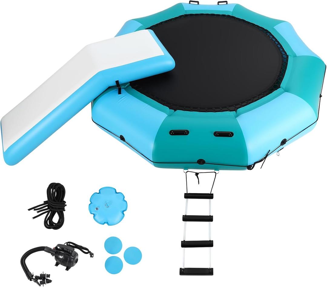 Inflatable Water Trampoline, 10FT/15FT Recreational Water Bouncer w/Electric Inflator, Rope Ladder, Mooring Ropes, Anchor, Adults Youth Bounce Swim Platform for Lakes, Pools
