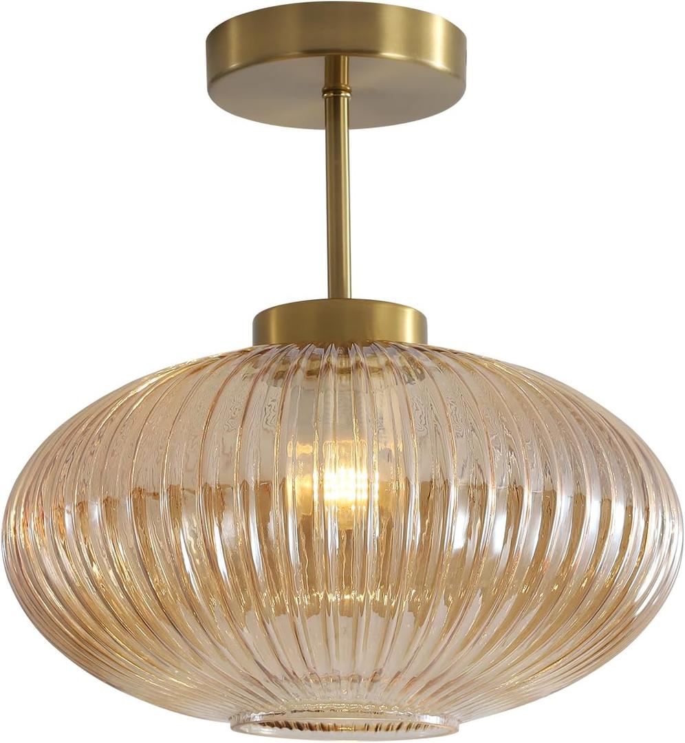 KCO Lighting Amber Bubble Glass Ceiling Light Mid Century Modern Semi Flush Mount Ceiling Lights Farmhouse Gold Flush Mount Ceiling Light Fixture Large for Hallway Entryway Porch, Amber 