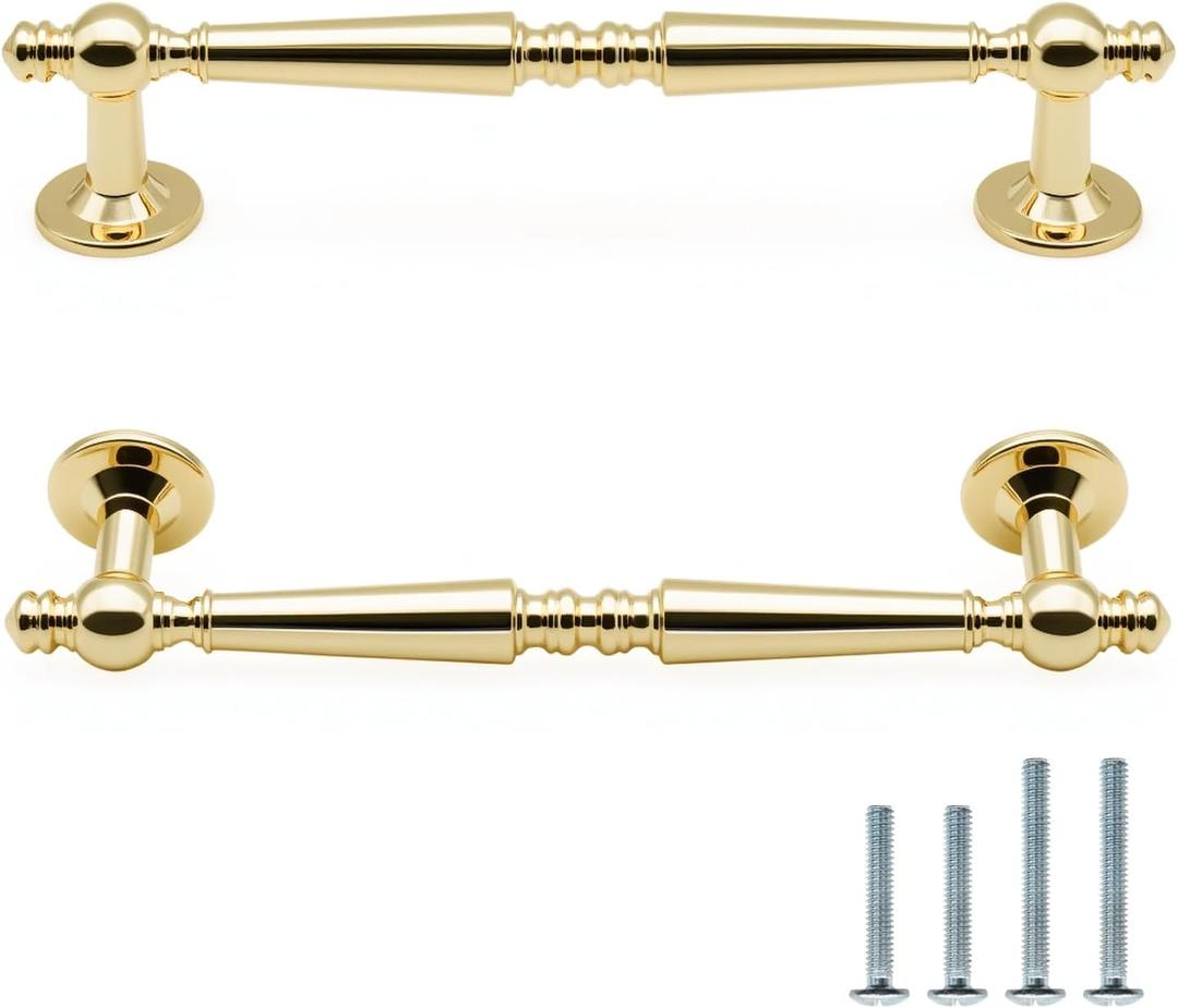10 Pack Polished Gold Cabinet Pulls 5 Inch/128mm Hole Center Zinc Alloy Polished Brass Drawer Dresser Handles Shiny Gold Kitchen Cupboard Bathroom Furniture Hardware