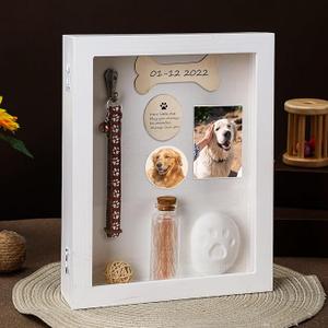Pet Memorial Shadow Box for Dog Cat with Wood Picture Frame Pet Print Kit Urn Ashes Fur Jar Case for Loss Dog Remembrance Memory Keepsake Gift for Animal Lovers(White,8 x 10 Inch)