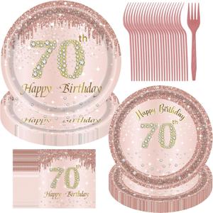 70th Birthday Decorations for Women, Rose Gold Plates Rose Gold Decorations 96pcs Pink Paper Plates and Napkins for Girls Women 70th Birthday Party Supplies Serve 24 Guests