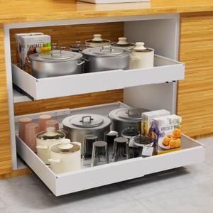 KEFAFA Pull Out Cabinet Organizer, 2 Pack 21" Deep Expandable(12.6''-20.5'') Slide Out Drawer for Kitchen Cabinets Organization with Adhesive Film(White)