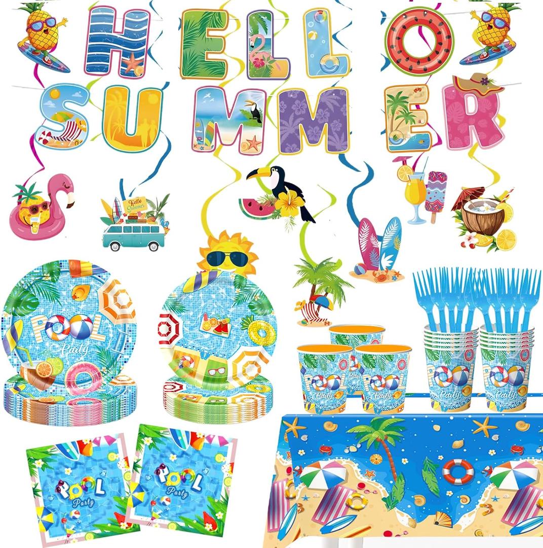 Summer Pool Party Decorations Supplies - 125 Pcs Beach Party Tableware Set with "Hello Summer" Banner, Plates, Napkins, Cups, Tablecloth, Cake Topper, Swirls & Forks for Hawaiian Birthday - Serve 20
