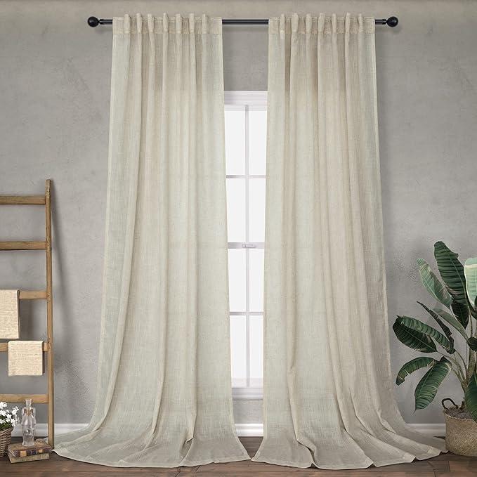 Flax Linen Curtains 84 Inch Length for Living Room 2 Panel Back Tab Rod Pocket Light Filtering Canvas Cotton Cloth Semi Sheer Tan Beige Curtain for Bedroom Burlap Earth Tone Farmhouse Decor 7 FT Taupe