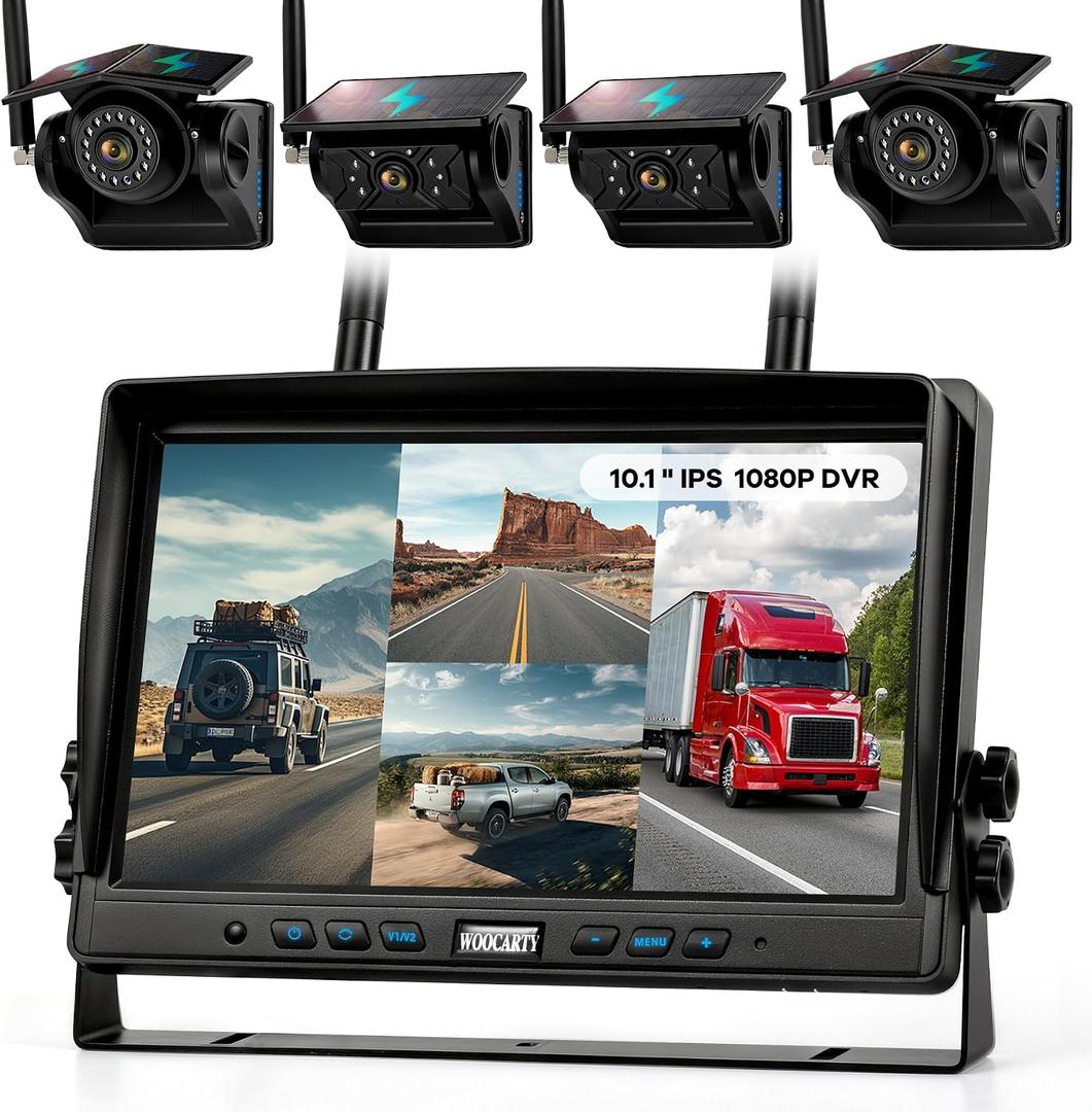 4 Solar Magnetic Wireless Trailer Camera System, 10.1" IPS DVR Screen + Solar Powered Night Vision Rear Camera, 100% No Wiring Waterproof Backup Camera System for RV Truck Trailer Hitch