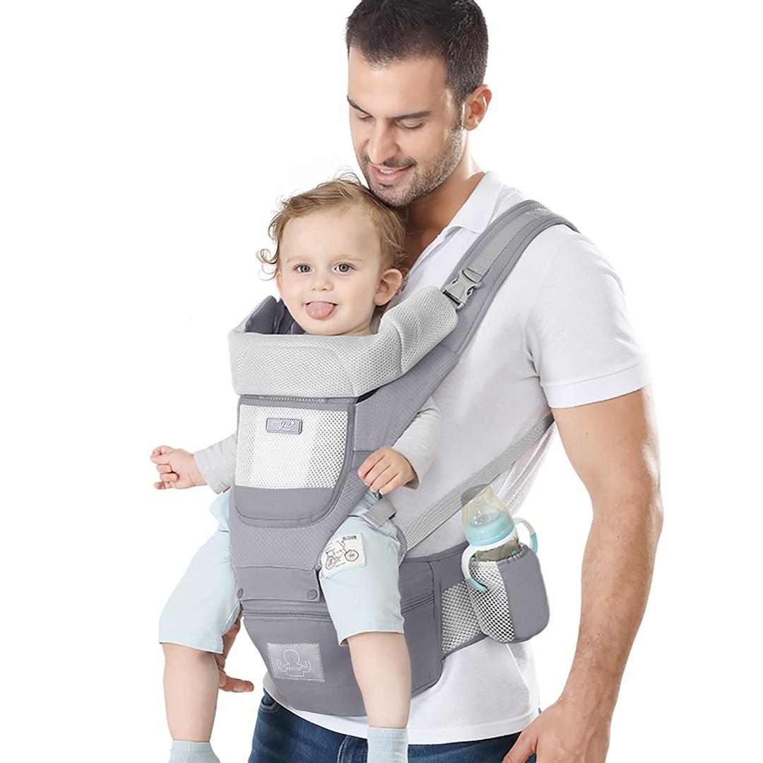 Baby Carrier Ergonomic Infant Carrier with Hip Seat Kangaroo Bag Soft Baby Carrier Newborn to Toddler 7-45lbs Front and Back Baby Holder Carrier for Men Dad Mom (Grey)