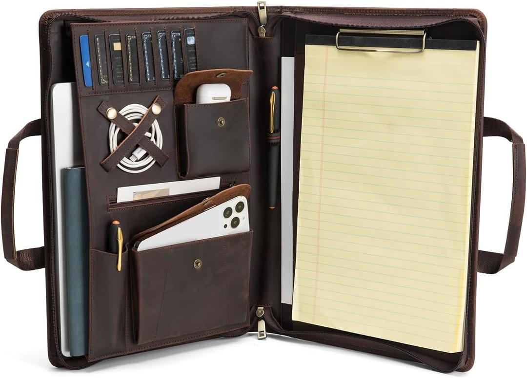 Geslun Genuine Leather Padfolio for Legal Size (8.5 x 14”) Pad, Clipboard Portfolio with Handle, 15” Laptop Holder, Zippered Organizer Contractor Folder with Pen Loops for Women Men, Dark Brown