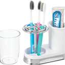 mDesign Plastic Toothpaste and Toothbrush Holder Center with Cup/Cover - Organizer for Bathroom Vanity Countertop - Holds Paste, Floss, Accessories - Hyde Collection - White/Chrome