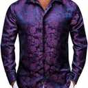 Mens Silk Paisley Dress Shirt Casual Button Down Shirt Long Sleeve Western Floral Shirts Wedding Party Holiday (Purple, XXL)
