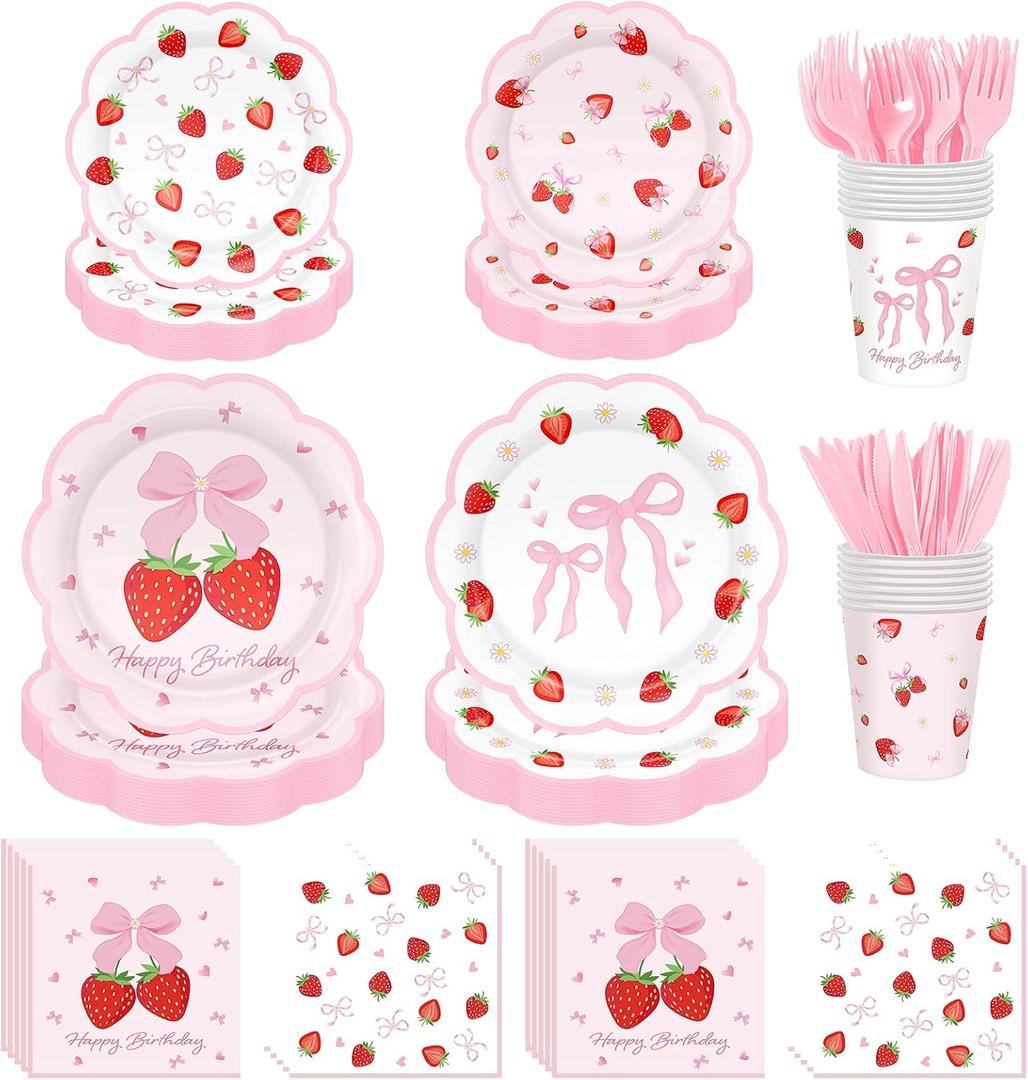 Strawberry Birthday Decorations Tableware,Pink Bow Strawberry Birthday Plate,Napkins,Cups,Fork,Knife, Strawberry Party Plates for Berry Birthday Decorations,Serves 24