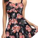 SHEKINI Women's Crossover Ruched Skirt One Piece Swimdress Swimsuit Bathing Suit (Large, Black-pink Flower)