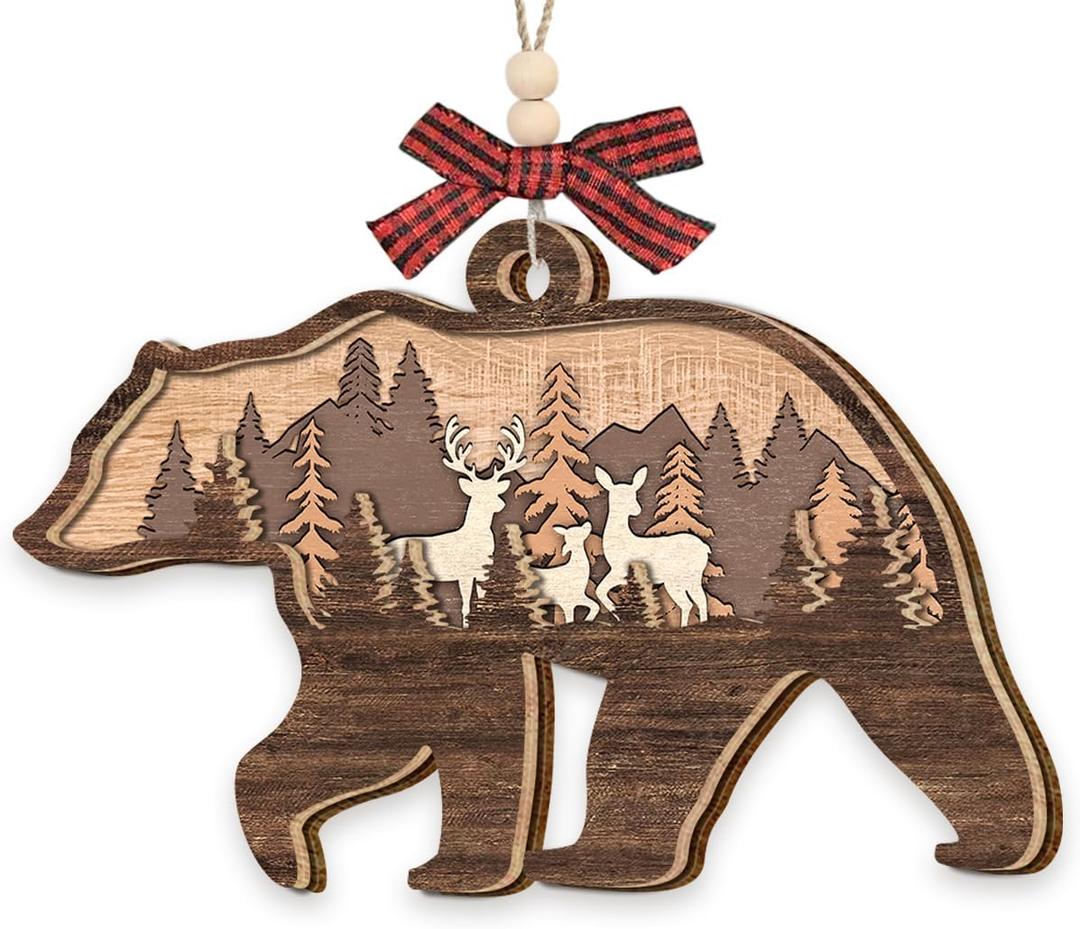 Bear Ornament 2025, Woodland Animal Lovers Gifts for Women Men, Wooden Ornaments for Forest Animal Christmas Tree Decorations, Wild for Bear Lovers, Moms, Family