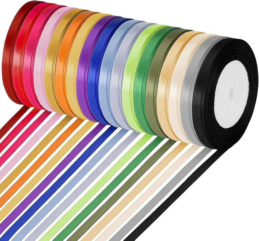 ABSOFINE 18 Colors Satin Ribbon Polyester, 1/4 inch Solid Fabric Ribbon Roll for Gift Wrapping, DIY Crafts, Wedding Christmas Birthday Party Decorations