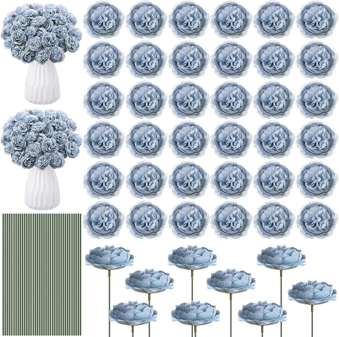 Thiccywoov 200 Pcs Flowers Long Stem Artificial Rose Bulk, 3.2 Inches Silk Rose Head Flowers Faux for Wedding Bridal Bouquet Independence Day Home Floral DIY Centerpieces Party Decoration(Dusty Blue)