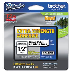 Brother Genuine P-touch TZE-S231 Label Tape, 1/2" (0.47") Extra Strength Adhesive Laminated P-touch Tape, Black on White, Laminated for Indoor or Outdoor Use, Water Resistant, 26.2 Feet (8M), Single-Pack