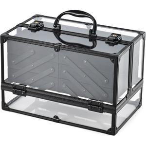 FRENESSA Portable Makeup Case Cosmetics Display Cases Toiletry Organizer Box Transparent Acrylic Artists Train Case with 6 Trays Travel Makeup Tools Storage for Vanity Counter Dresser Organizer Black
