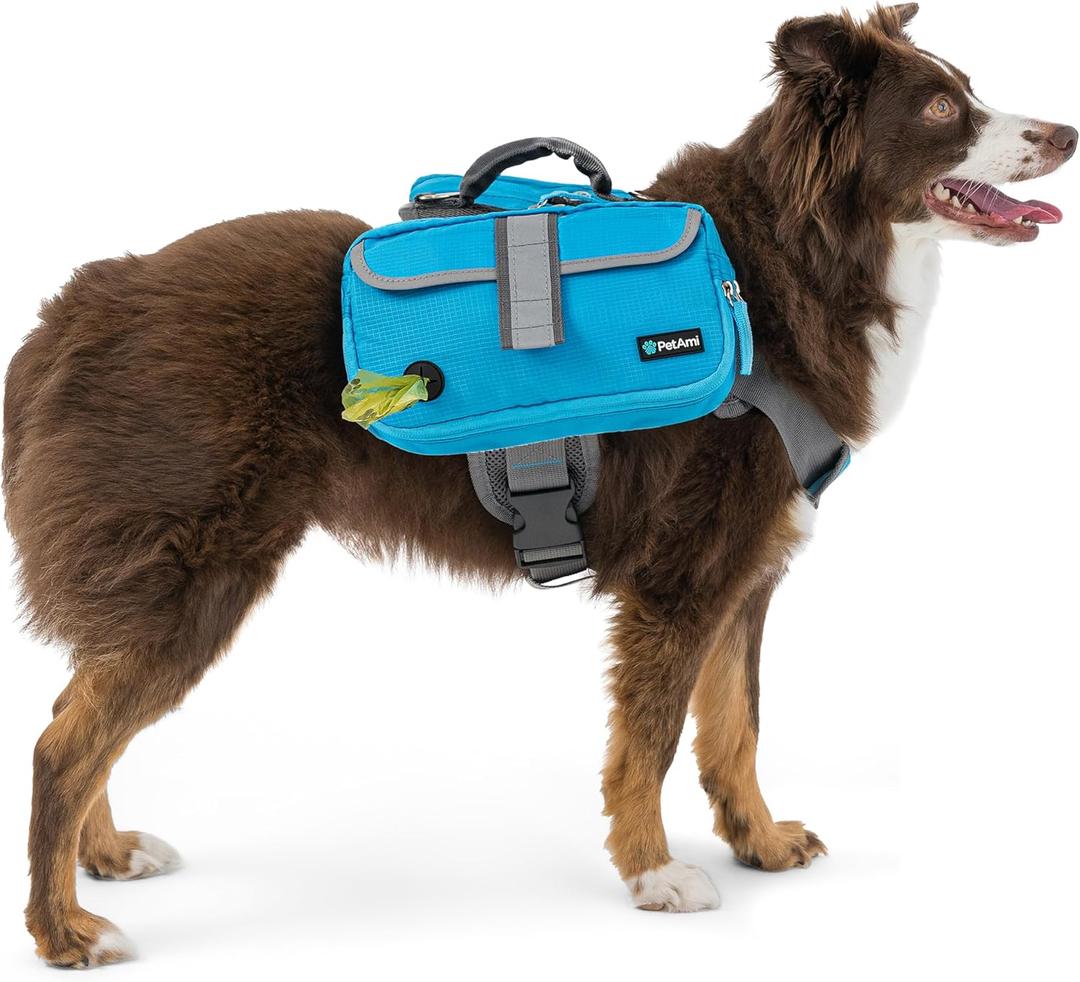 PetAmi Dog Backpack for Medium & Large Dogs, Saddle Bag for Dogs to Wear for Hiking, Pet Backpack Harness Dog Pack with Reflective Side Pockets for Walking Running (Blue)