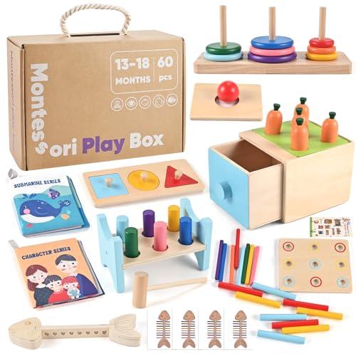 Wooderma Wooden Montessori Toys for 1+ Year Old, 9 in 1 Learning Educational Toys, Wooden Toy with 3 in 1 Educational Box, Pound Bench, Shape Puzzle, Cloth Books, Fishbone Matching, Ring Stacker Toy