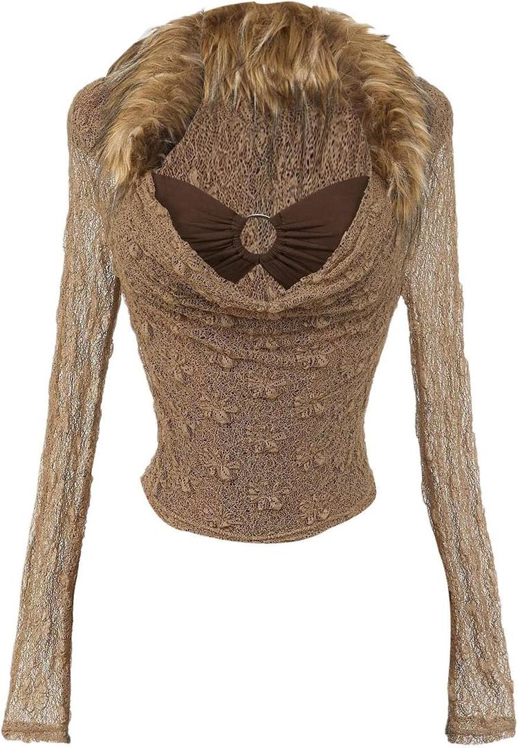 MakeMeChic Women's Faux Fur Cowl Neck Long Sleeve Top Sheer Ruched Y2k Tops Shirts (L)