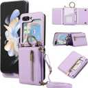 Compatible with Samsung Galaxy Z Flip 6 5G 2024 Wallet Case and Crossbody Shoulder Strap Ring Buckle Hinge Protection Stand Card Holder Phone Cover for ZFlip6 Z6 G Flip6 6Z Women Girls Men Purple