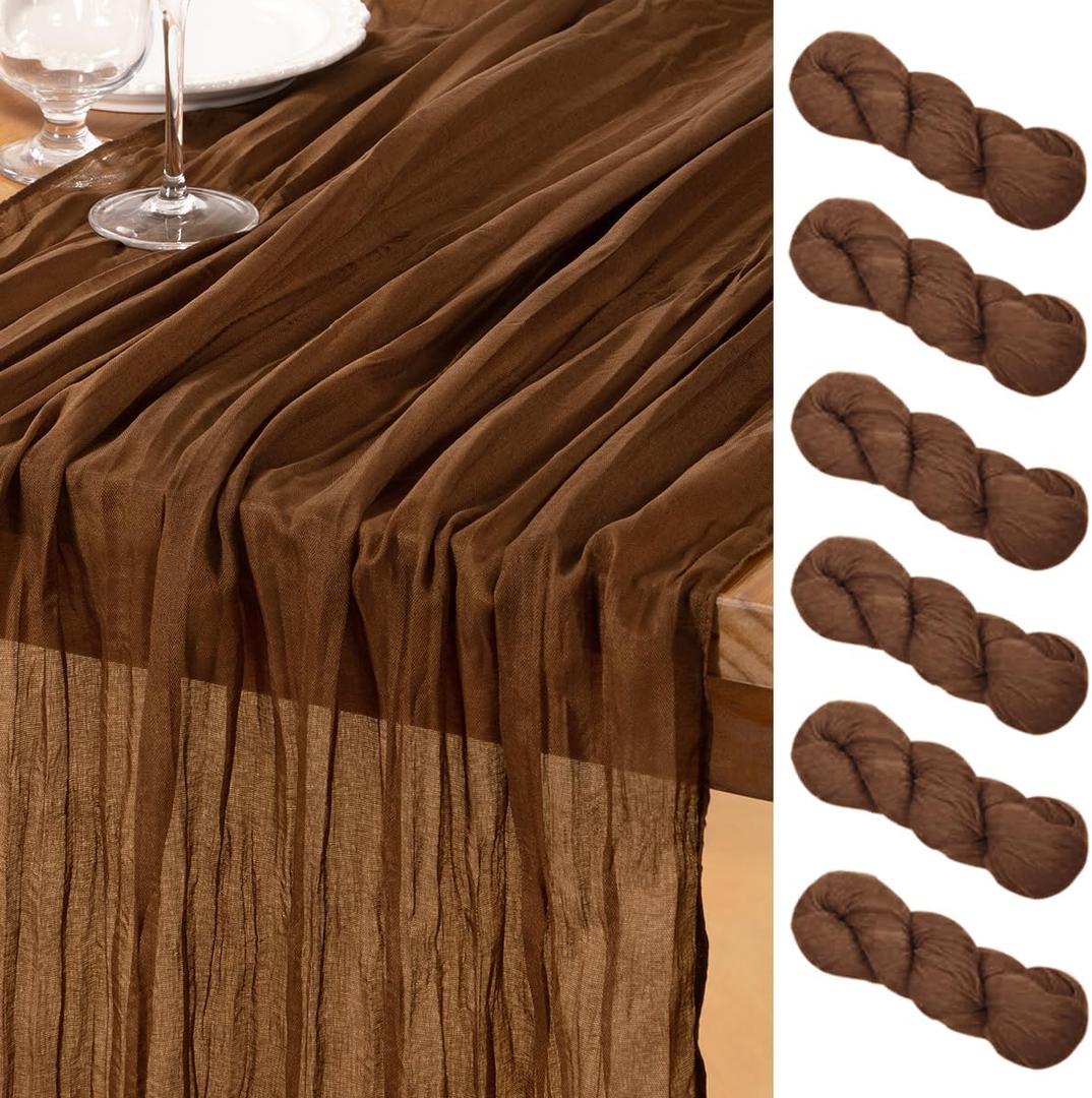 DeZerlor Brown Cheesecloth Table Runner 6 Pack Spring Easter Table Runners Boho Gauze 120 Inches Marron Cheese Cloth Table Decor for Wedding Bridal Baby Shower Parties