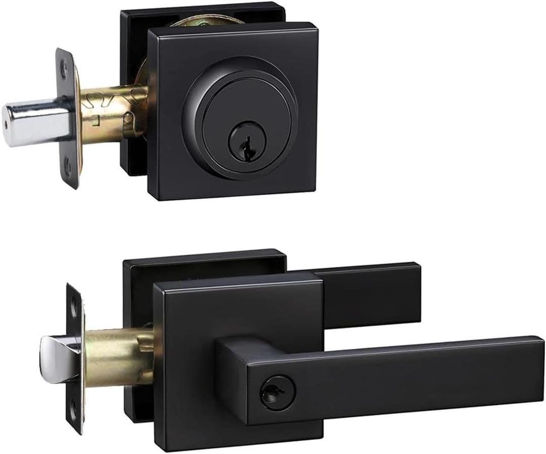 Front Door Lock Set Exterior Door Lock Set,Door Handle with Single Cylinder Deadbolt Lock,Keyed Alike Door Locks for Front Door(Matte Black,1Pack Set)