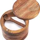 Acacia Wood Salt and Pepper Bowl, Nature Wood Salt Cellar and Spices Storage Box With Built-in Spoon and Magnetic Swivel Lid (Single Compartment 6.5 oz)