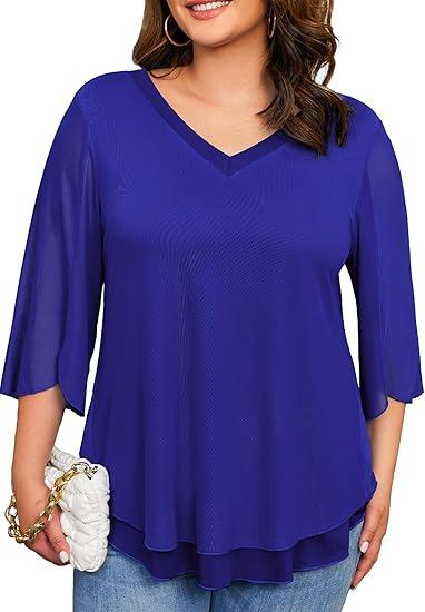Plus Size Blouses for Women Ruffle 3/4 Sleeve Tops V Neck Casual Elegant Womens Tunic Top Mesh Loose Shirts L-4XL