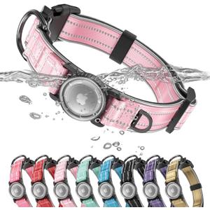 Upgrade Airtag Dog Collar,with IPX8 Waterproof AirTag Holder | Reflective Ultra-Durable | Soft Padded | Lock Buckle | Heavy Duty | Fit Small Medium Large DogsPink1M(15"19")